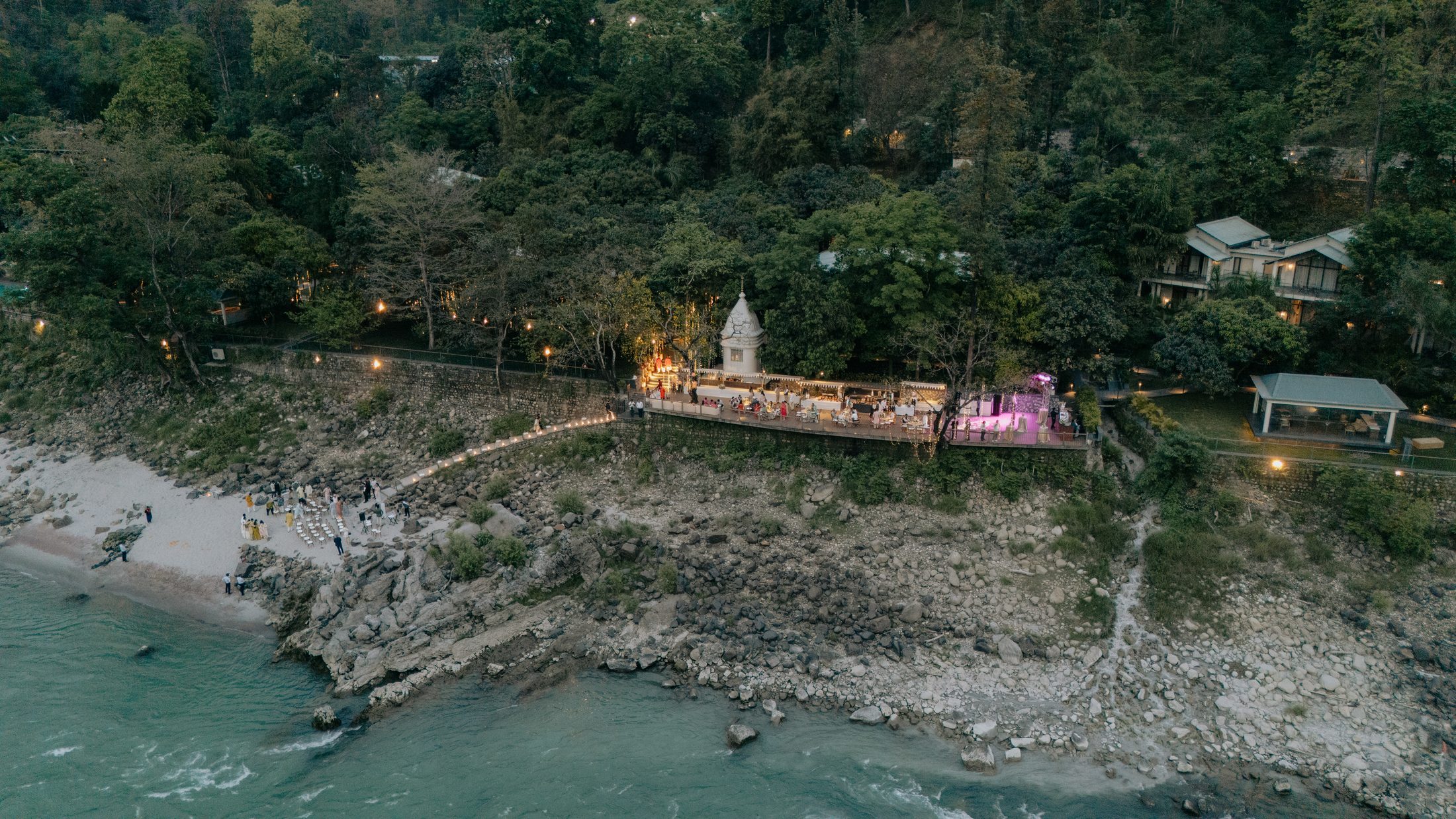 The riverside venue in Rishikesh at dusk